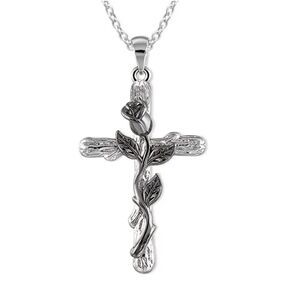 NEW FLORAL BLACK ROSE CROSS CHARM SILVER CHAIN FASHION COSTUME JEWELRY NECKLACE